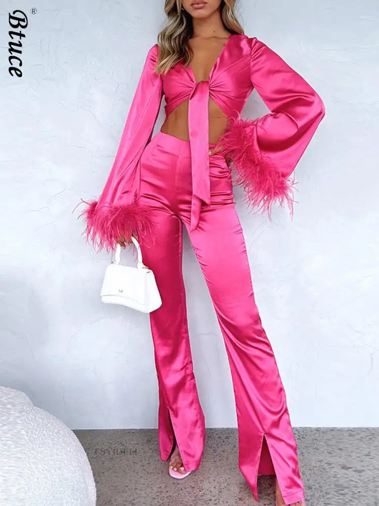 

Women Sexy Feather Crop Tops And Split Trousers Two Piece Set Flare Long Sleeve Tie Up Blouse High Waist Pants 2022 Female Suits