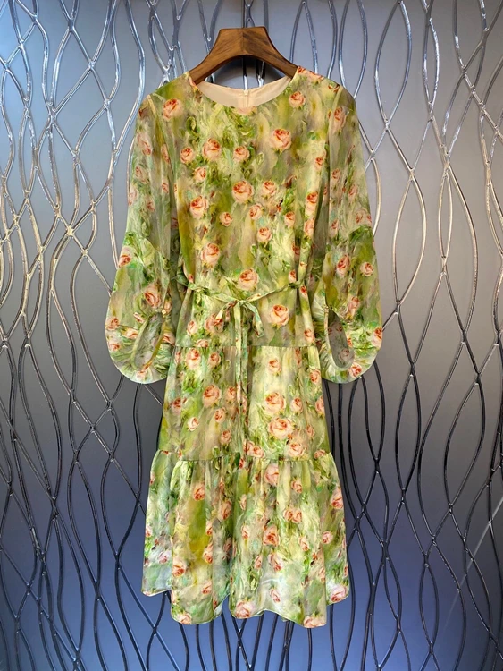 

2022 new women fashion lantern long sleeves round neck print pastoral belt slim mid skirt fairy dress 724