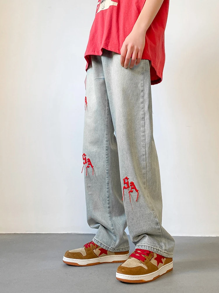 Embroidery Style Y2k Men's Jeans Straight Spoken Fashion Casual Long Pants Hip -hop Boyfriend Wind Jeans Street Clothing Denim