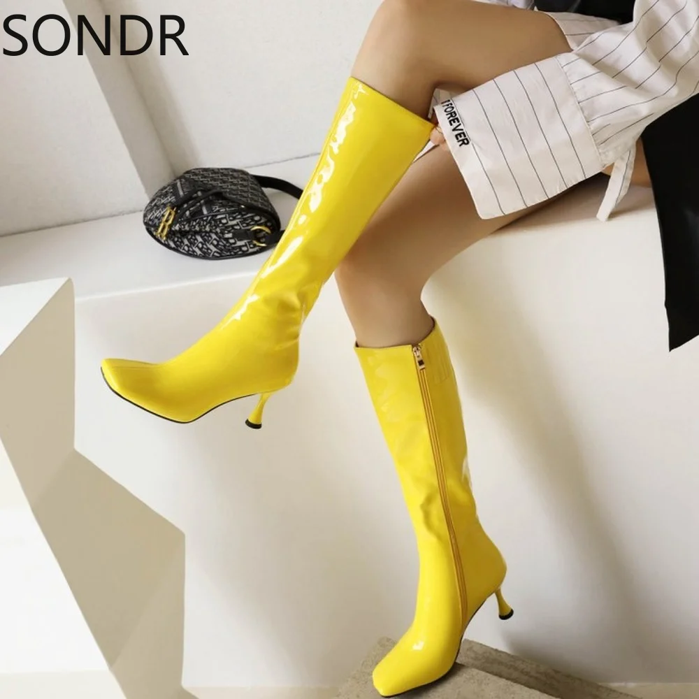 

Womens Square Toe Patent Leather Knee Thigh Boots Stilettos High Heel Shoes Candy Colors Warm Winter Plus Size 45 46 New 2022