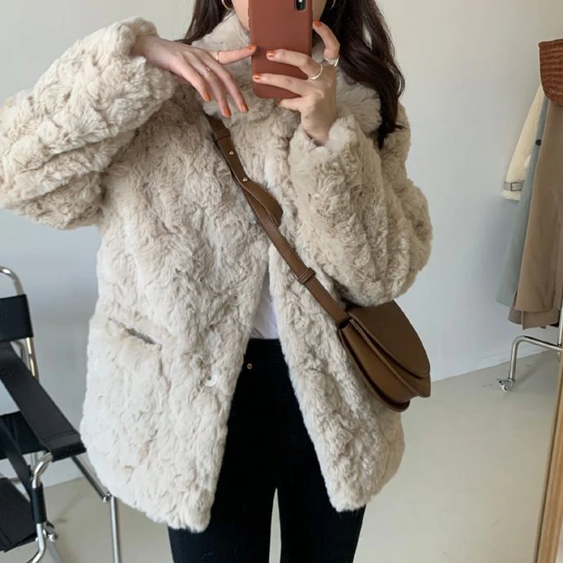 

Rimocy Autumn Winter Women's Lamb Wool Jacket Korean Style Streetwear Lapel Faux Fur Coat Woman Warm Thick Furry Fluffy Coat