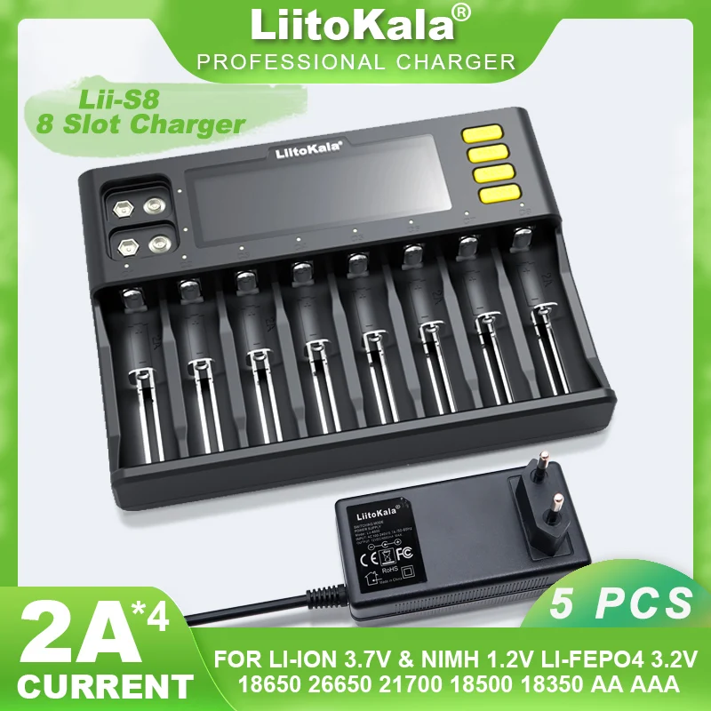 

5PCS LiitoKala Lii-S8 Li-ion 3.7V NiMH 1.2V Li-FePO4 3.2V IMR 3.8V For 18650 26650 21700 26700 18350 AA AAA Battery Charger