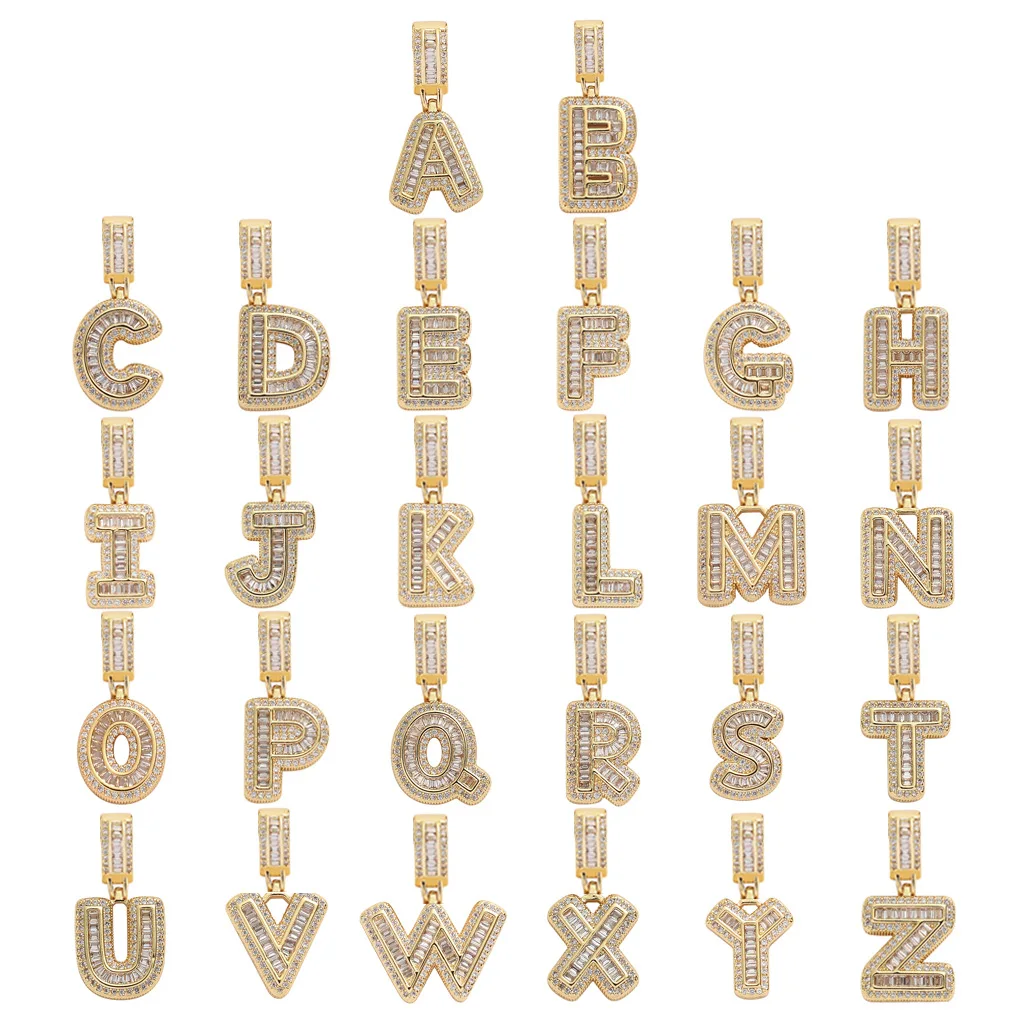 

Custom Make Name Baguette Initials Letters Pendant Gold Color Charm Bling Zirconia Men's Hip Hop Necklace Chain Number Jewelry