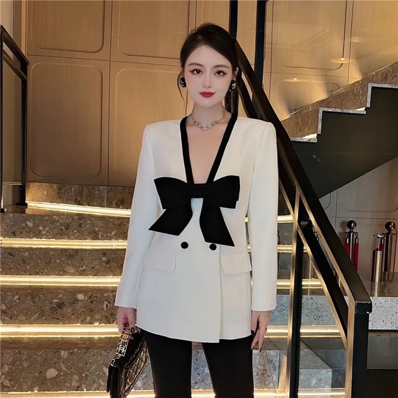 

2022 Fall Winter New Fashion Womens V-neck Full Sleeve Bow Spliced Double Breasted Pockets Solid Color Casual Blazer Coat
