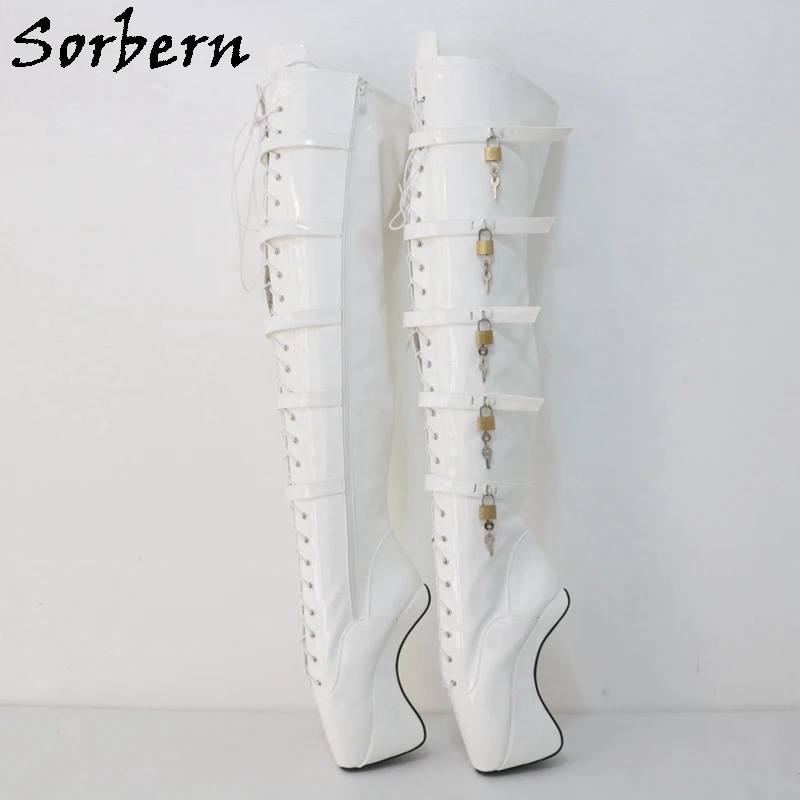 

Sorbern 10 Locks High Heel Boots Unisex Heelless Multi Straps Ballet Sexy Fetish Over-The-Knee Thigh High Crossdresser Shoes