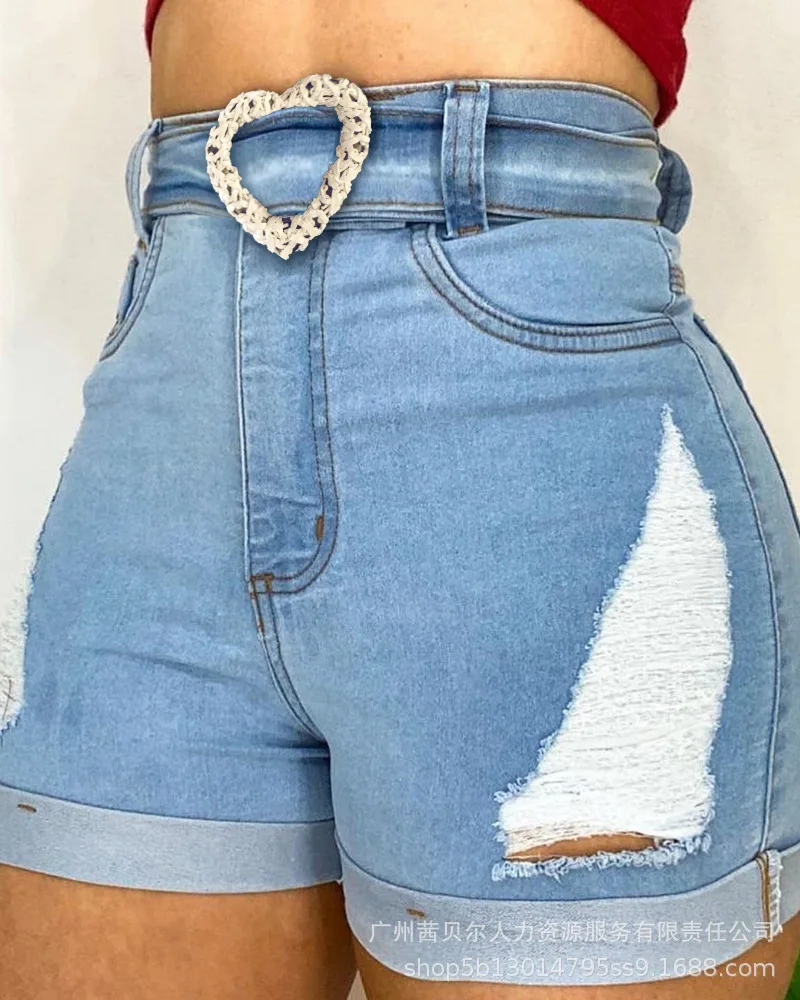 Casual Jeans Women's Shorts 2023 Spring Women's Models Blue High-waisted Tight Hole Denim Shorts - Need Belt