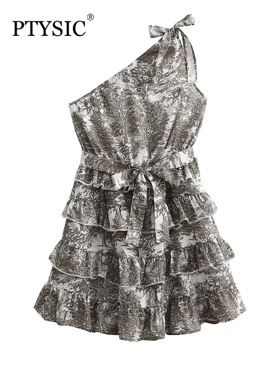 

PTYSIC Women Stylish With Diagonal Collar One-Shoulder Ball Gown Mini Dress 2022 Cascading Ruffle Belt Vintage Female Vestidos