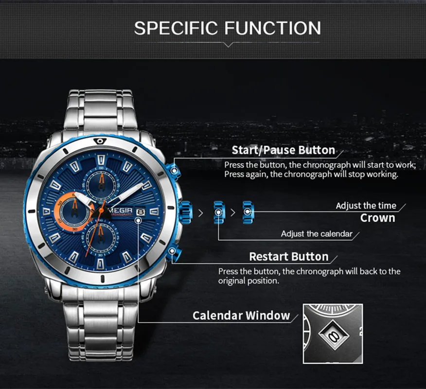 MEGIR Бизнес Часы для Мужчин Кварцевые Наручные Из Нержавеющей Стали Роскошные