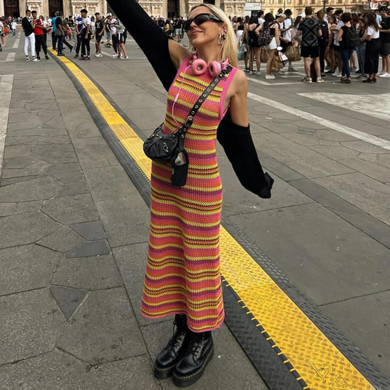 

BEELADAN Y2K Colorful Striped Knitted Dress 90s Retro Chic Women Hollow Out Sleeveless Long Dress Streetwear Beach Holiday Dress