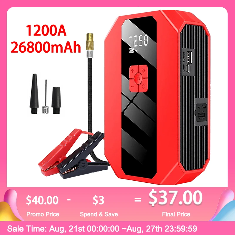Inflator Pump 1200a Portable Power Station Car Battery Charger Booster