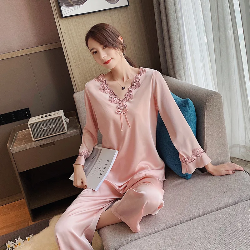 Women's Silk Pajamas 2pcs Homewear Suit Summer Trumpet Long Sleeve V-neck Tops Loose Sleepwear Trousers Pajamas for Women Pjs