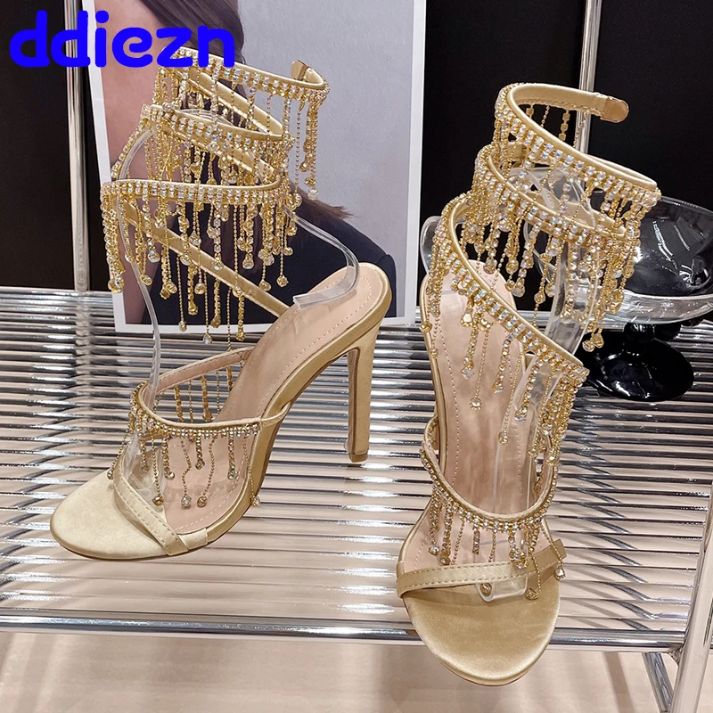 

Сандалии-гладиаторы женские на тонком каблуке, модная обувь с открытым носком, туфли с кристаллами, высокий каблук