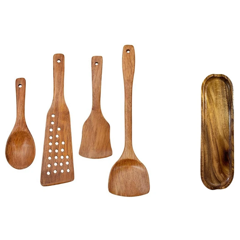 

4 шт., деревянные кухонные столовые приборы, деревянные лопатки, ложки, инструменты для приготовления пищи с прямоугольной Деревянной тарел...