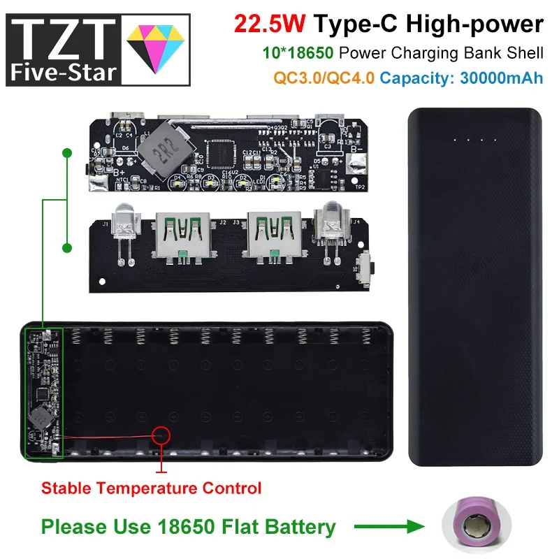 QC4.0 QC3.0 двойной USB Micro/Type-C 10*18650 Блок питания для аккумулятора 5 в 22 а 30000 Вт мАч