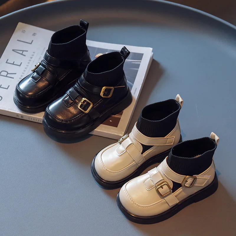 

Autumn New Child Fashion Leather Shoes 2022 Britain Style Uniform School Shoes Casual Buckle Simple Kids Solid Color Sock Boots