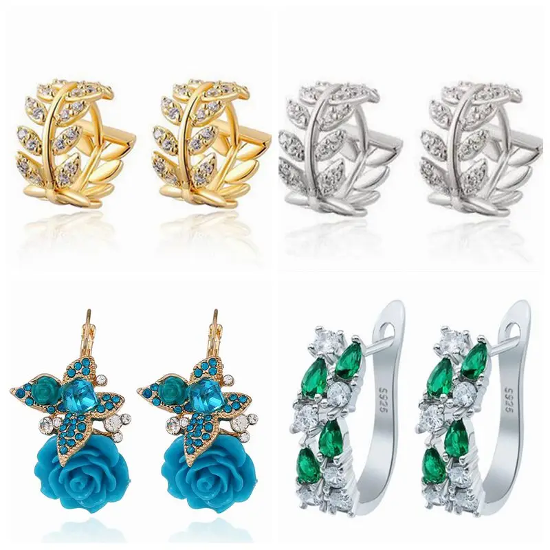

New Gold Leaf Shape Rhinestone Wrap-around Hoop Earrings For Women Crystal Small Rose Flower Earrings Marriage Jewelry