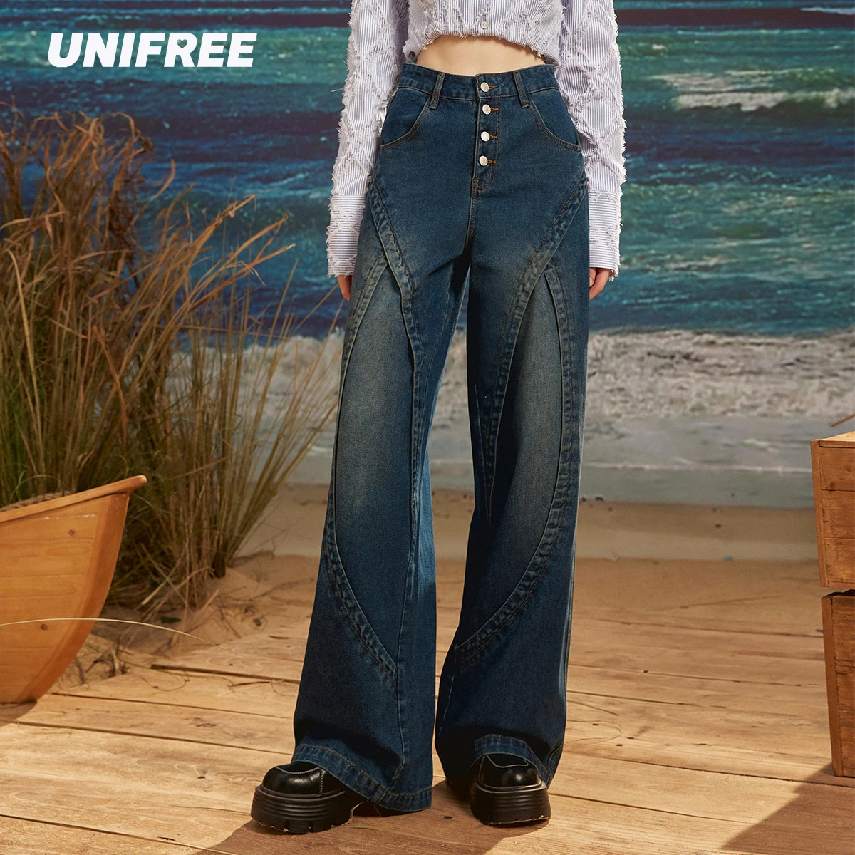 

UNIFREE Loose Splicing Jeans for Women Streetwear High Street Retro Jeans Pants Wash Baggy Jeans for Women