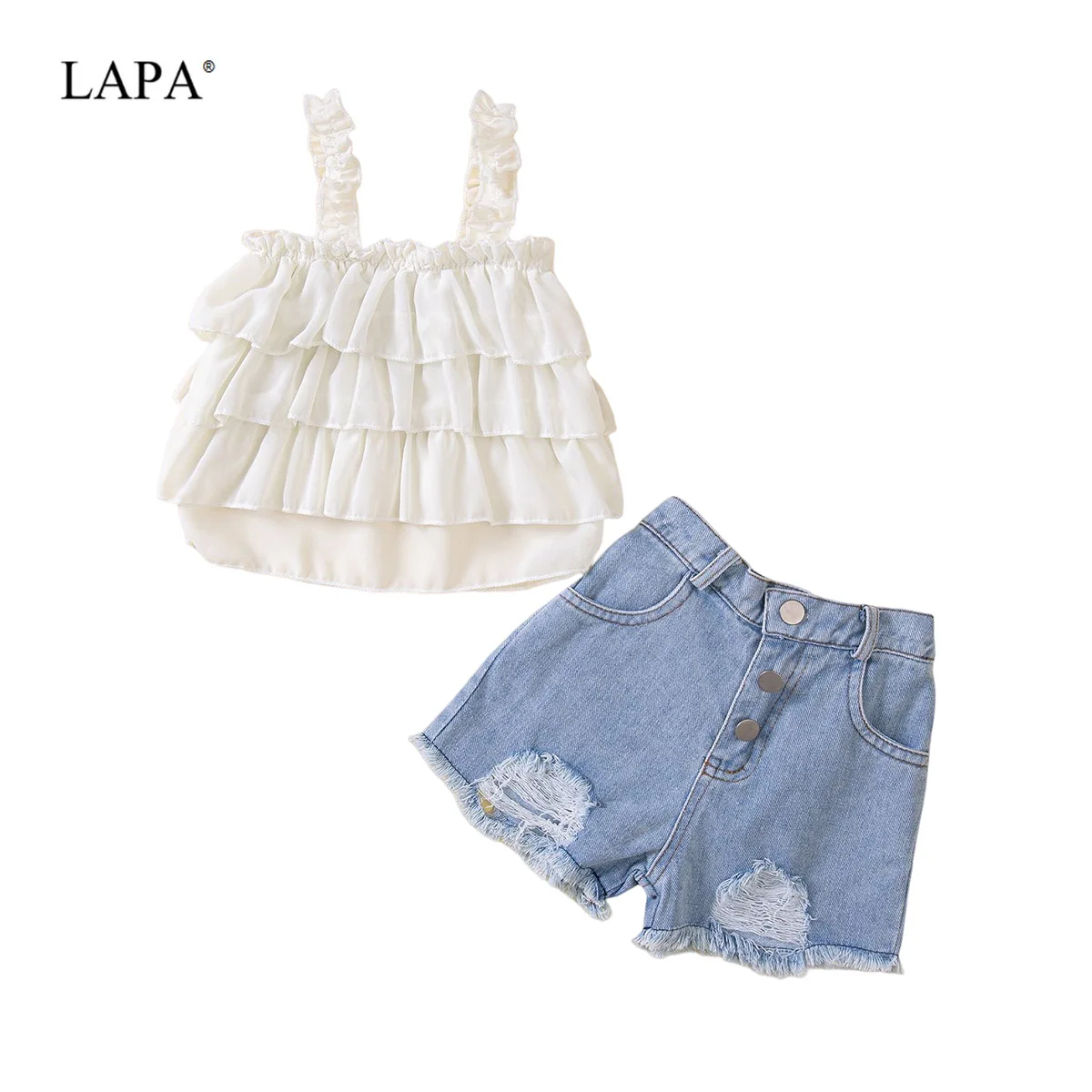 

LAPA Girls Summer Spaghetti Jean Shorts Set Kids Sleeveless Slash Neck Outfits Clothes
