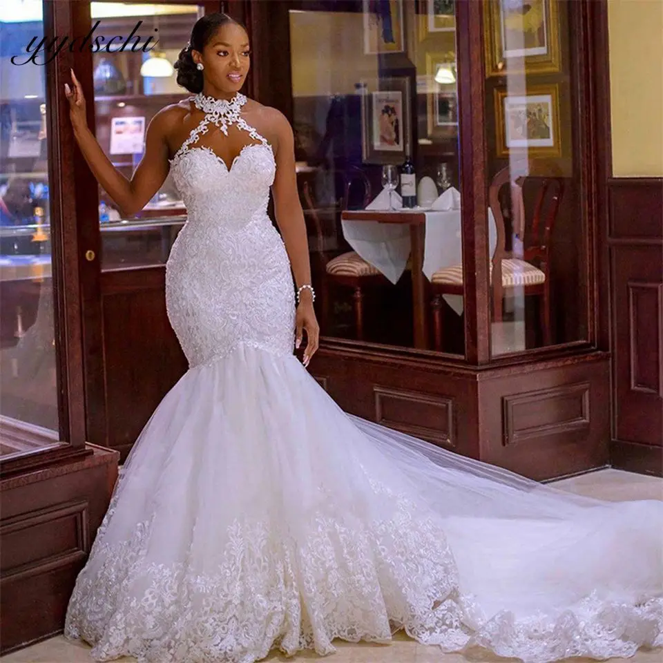 

Sexy Ivory Halter Neck Illusion Back Mermaid Sleeveless Wedding Dresses 2023 Africa Lace Appliques Bride Gowns Vestido De Noiva