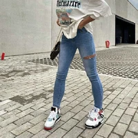 new leisure ripped denim trousers vintage washed slim stretch skinny womens jeans sexy casual hole high waist blue pencil pants
