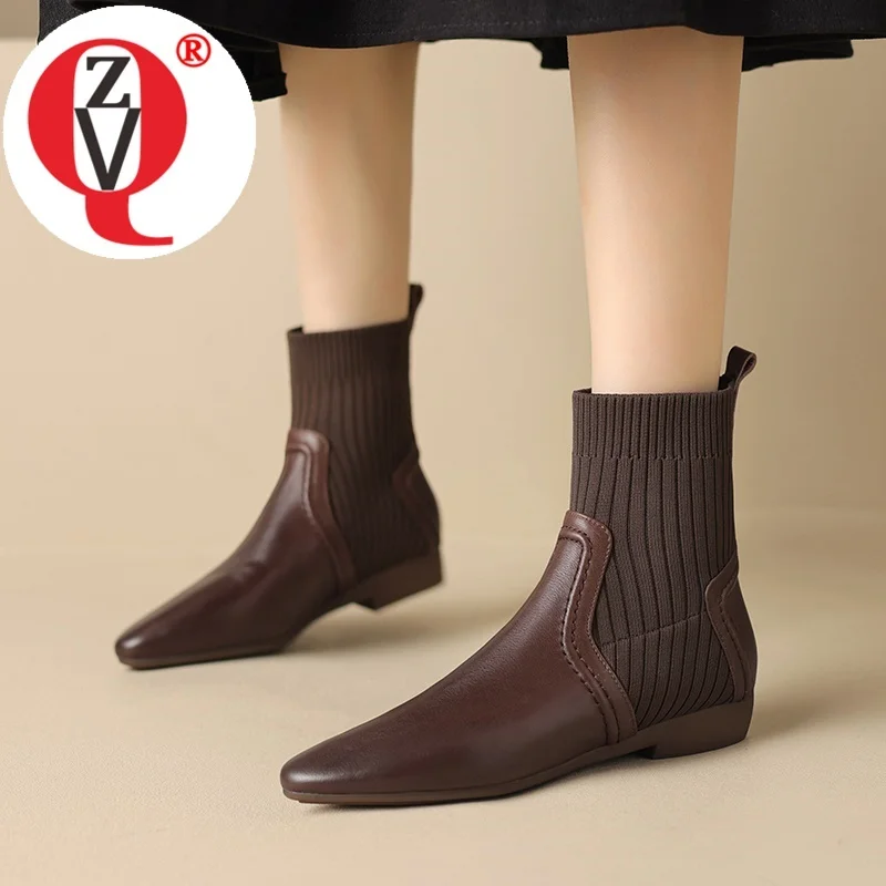 

ZVQ New Fashion Thick Low Heel Ankle Boots Genuine Leather Upper Pointed Toe Slip-On Casual Shoes Street Ladies Dress Booties