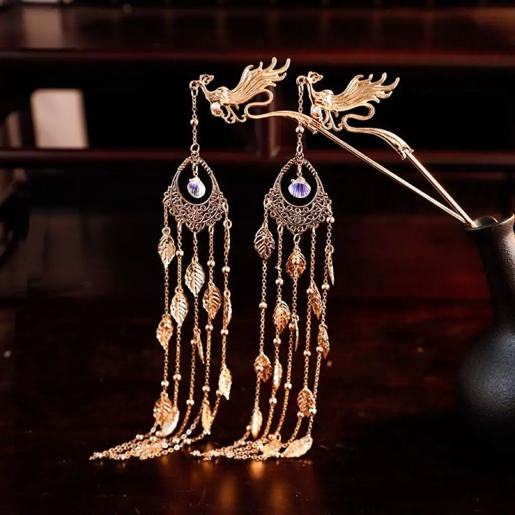 Женская позолоченная палочка Феникс с длинной бахромой корона для волос древний