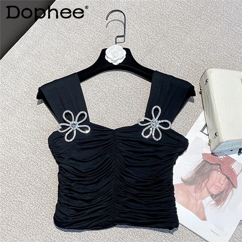 

2022 Summer Crop Top for Women New Sexy Rhinestone Flower Pleated Slim Camisole Tank Female Clothing Black White