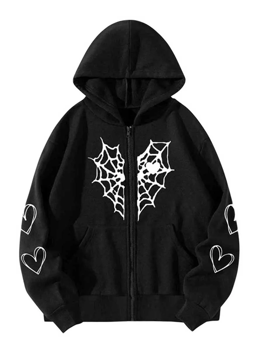 

Aesthetic Print Zip Up Hoodie for Women Vintage Spider Web Graphic Sweatshirt Hoodie E-Girl Oversized Pockets Jackets