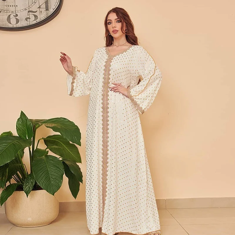 

Gilded Muslim Dubai Abaya Dress Middle East Turkey Arabic Oman Moroccan Caftan Southeast Asia Women Clothing White Pink Eid 2022