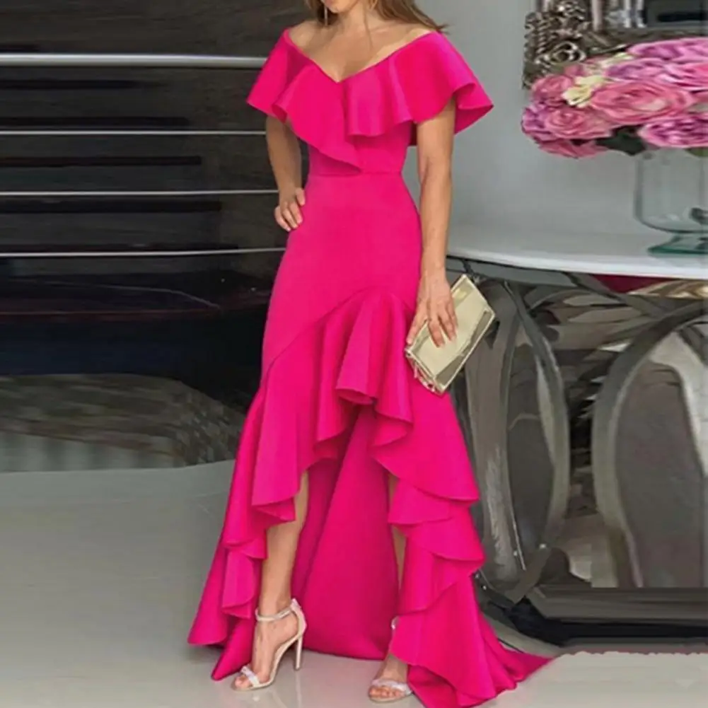 High-Waist Waist Tight Irregular High-Low Hem Party Dress Elegant Off Shoulder Ruffle Collar Dress Floor-Length Evening Dress