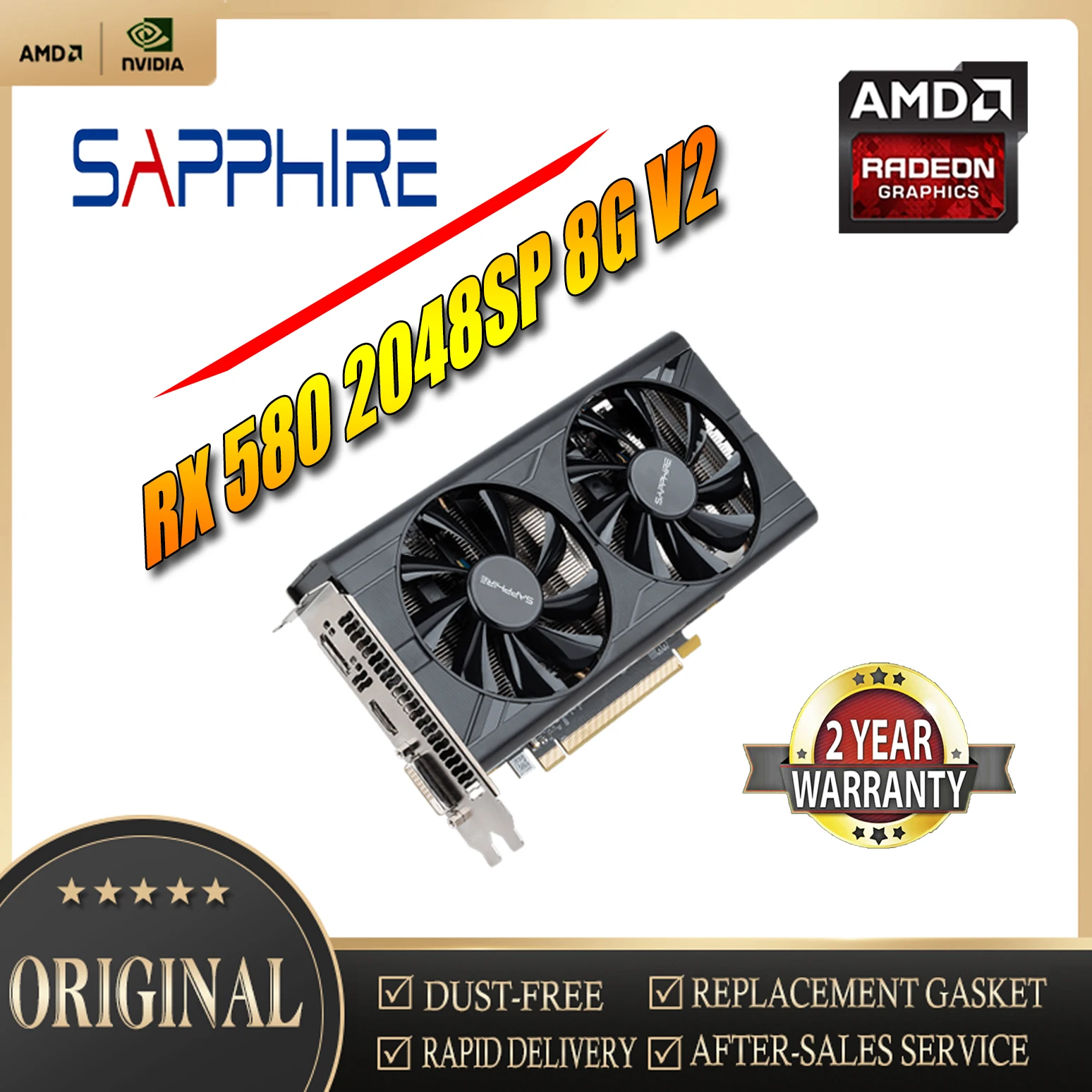 SAPPHIRE Radeon RX580 8G V2 2048SP  Graphics AMD Video Desktop PC Computer Game Map Used