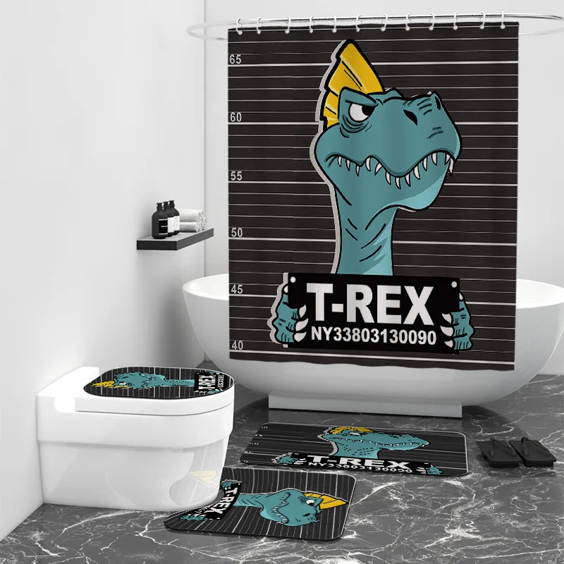 

Funny Dog/Dinosaurs 3D Printed Bathroom Set Together Shower Curtain Rug Set Bathroom Mats Rugs Toilet Decor Mat 01