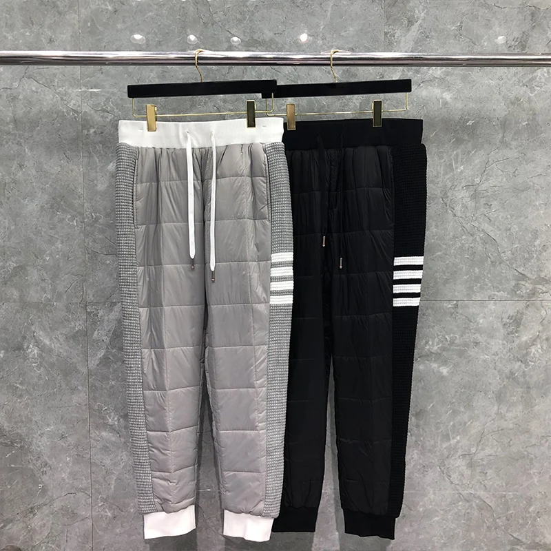 TB THOM Men's Trousers Winter Pants Side Edge White 4-Bar Stripe Diamond Lattice Sweatpant Cotton-Padded Patchwork TB Pants