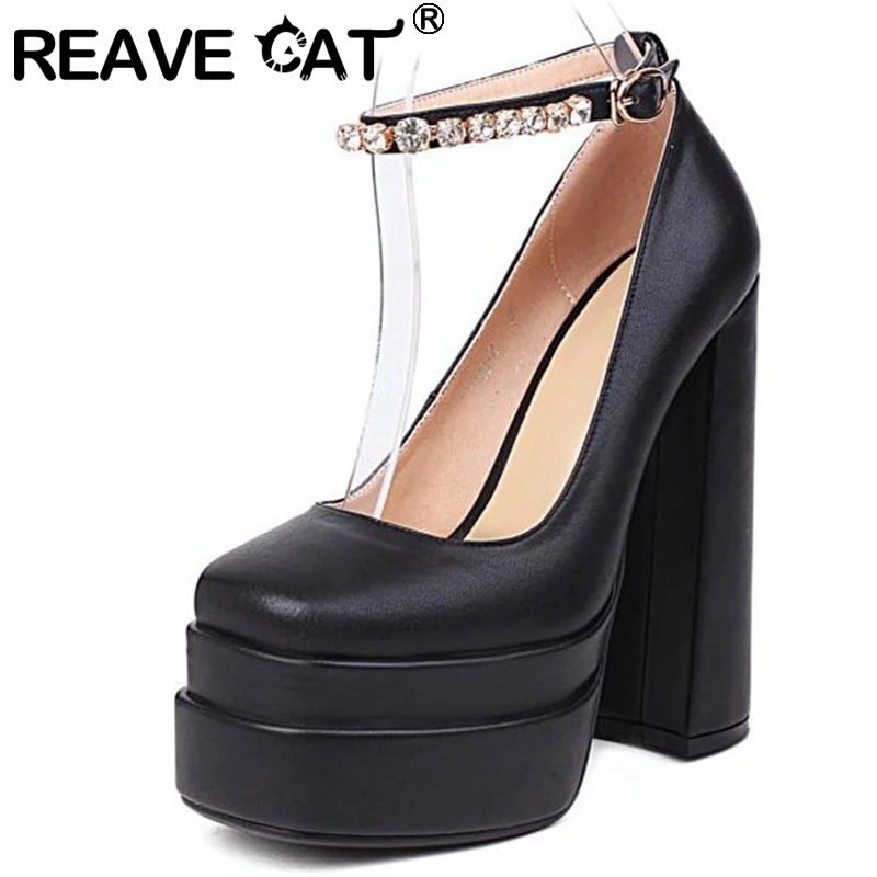 

REAVE CAT 2022 Women Pumps Platform Square Toe High Heel Rhinestone Chain Ankle Strap Sexy Big Size 33-43 Black Red Spring S3347