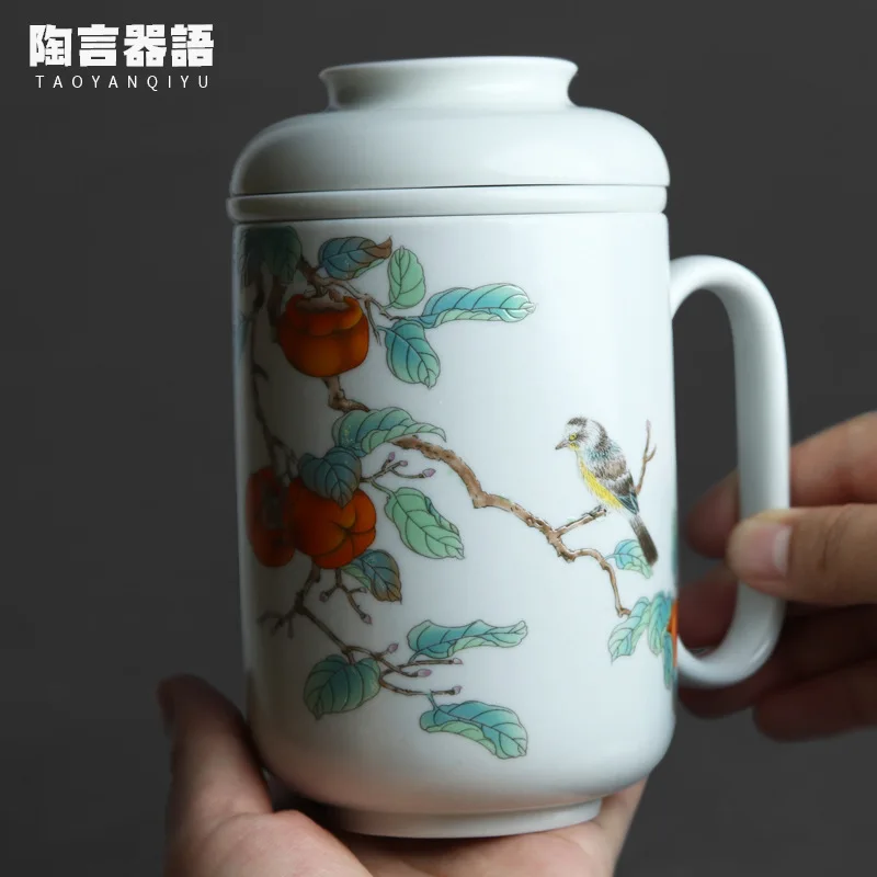 

Jingdezhen handmade ceramic convenient tea cup personal tea cup sweet white ash glaze pastel lucky persimmon filter liner tea cu