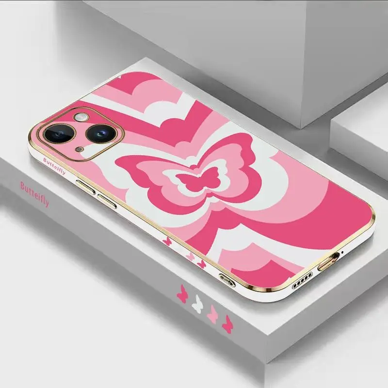 

Pink Gradient Butterfly Luxury Plating Phone Case For iPhone 14 13 12 11 Plus Pro Max Mini X XR XS SE2020 8 7 6 6S Plus Cover