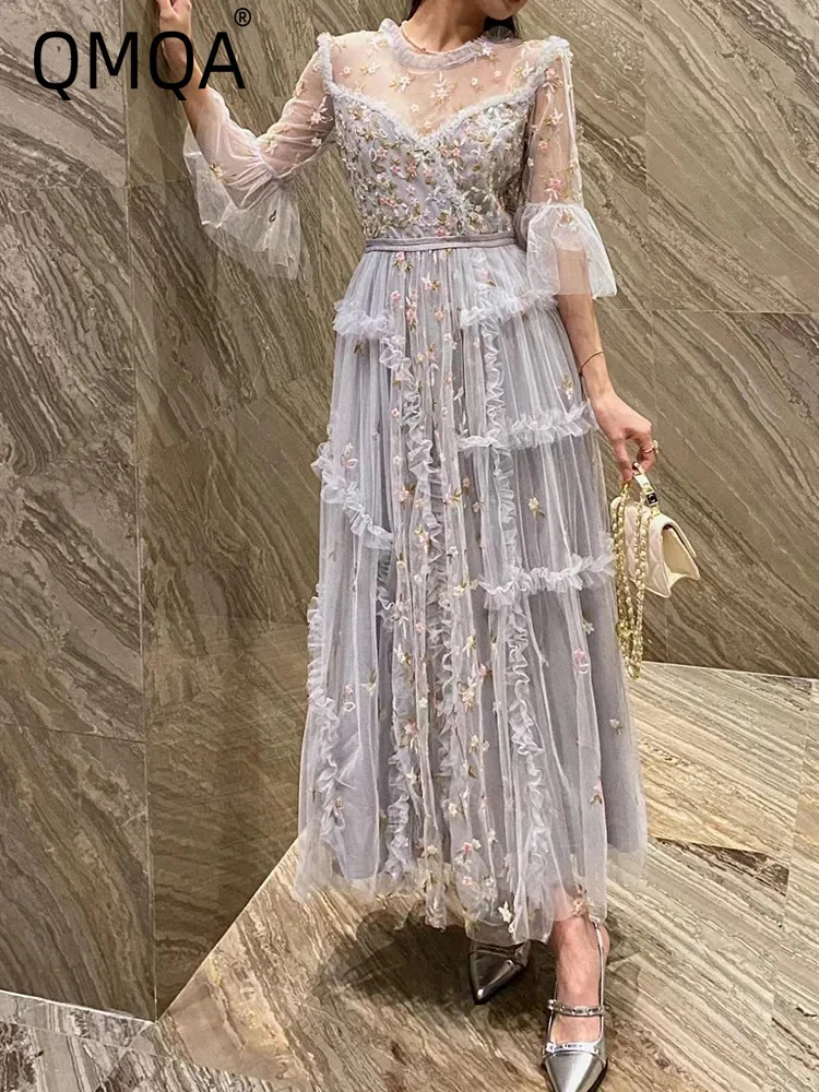QMQA модные женские сетчатые платья с вышивкой круглый вырез короткий рукав