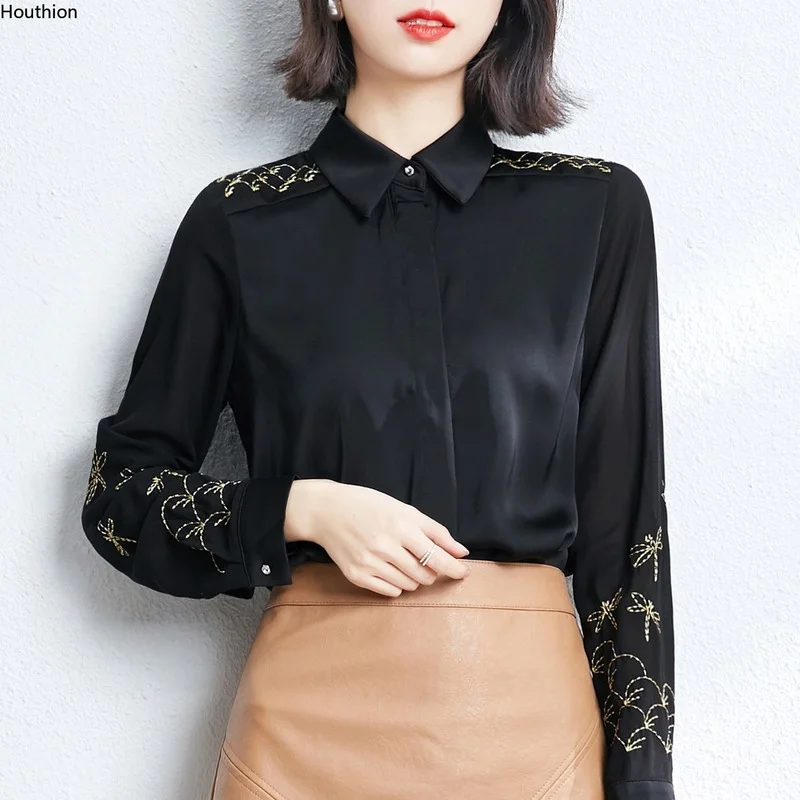 

Шифоновые облегающие Женские блузки, Новая повседневная блузка, Модный Топ с длинным рукавом, рубашка с вышивкой, весна/осень