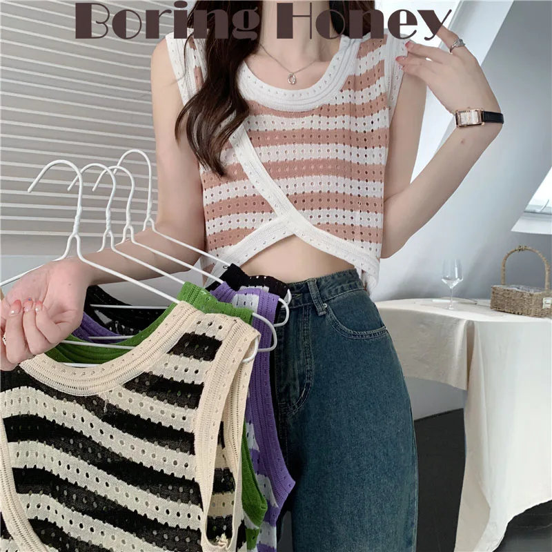 

Boring Honey Summer Hollow Out O-Neck Sleeveless Tops Women Korea Fashion Irregular Thin Tank Top Stripe All-Match Short Tops