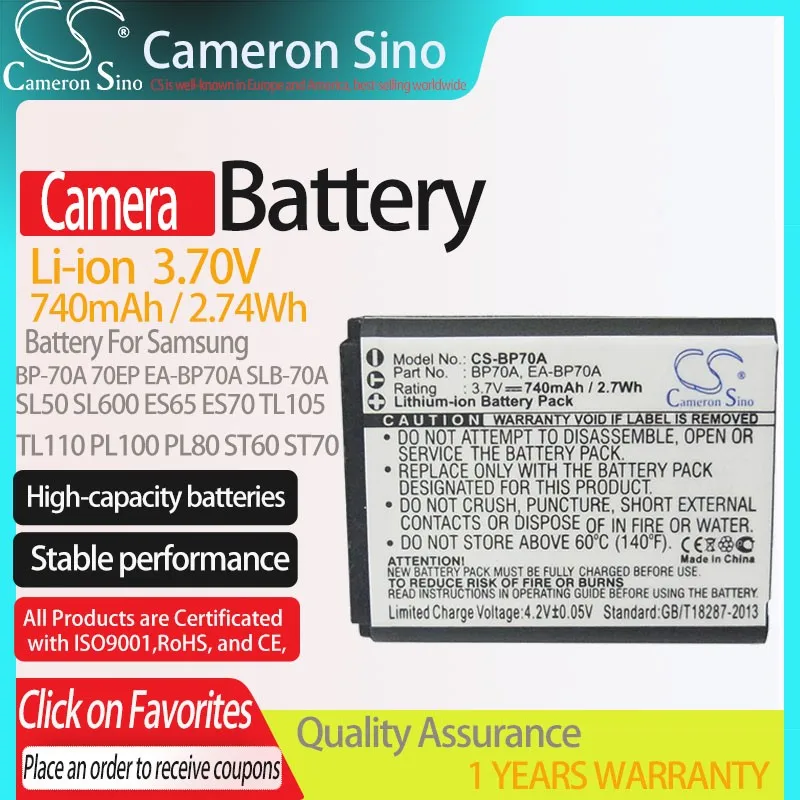 

CS for Samsung SL50 SL600 ES65 ES70 TL105 TL110 PL100 PL80 ST70 ST60 ES73 PL2 fits BP-70A 70EP EA-BP70A SLB-70A Camera Battery