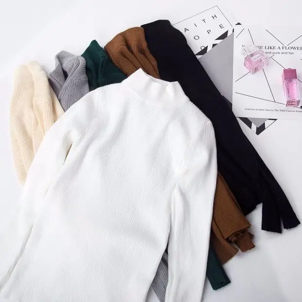 

Женский пуловер с высоким воротником, тонкая эластичная Облегающая рубашка с длинными рукавами, вязаный свитер