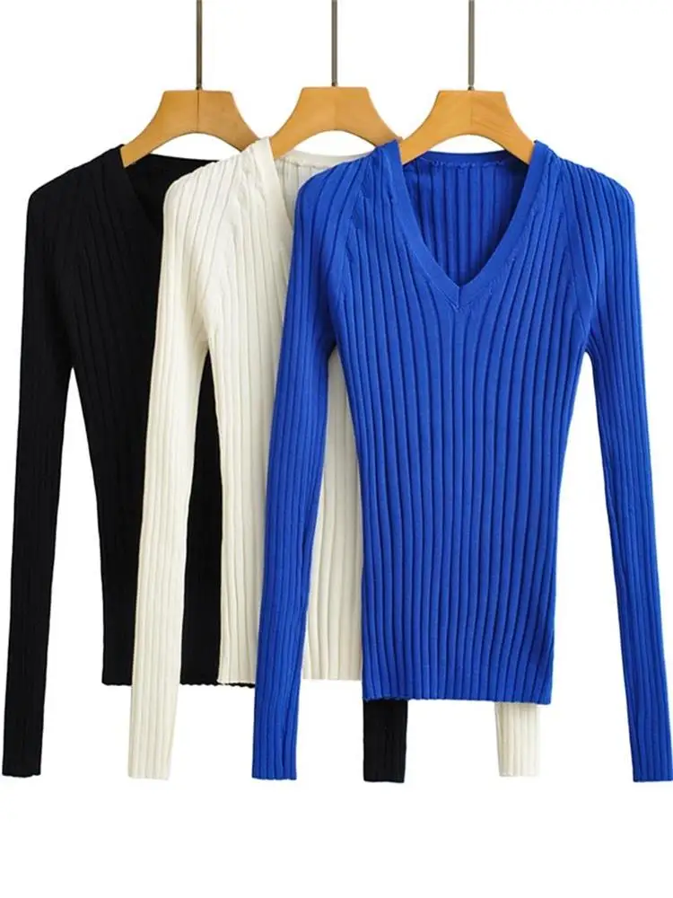 

TRAF Women 2022 Fashion Solid Color Fitting Knit Sweater Vintage V Neck Long Sleeve Female Pullovers Streetwear