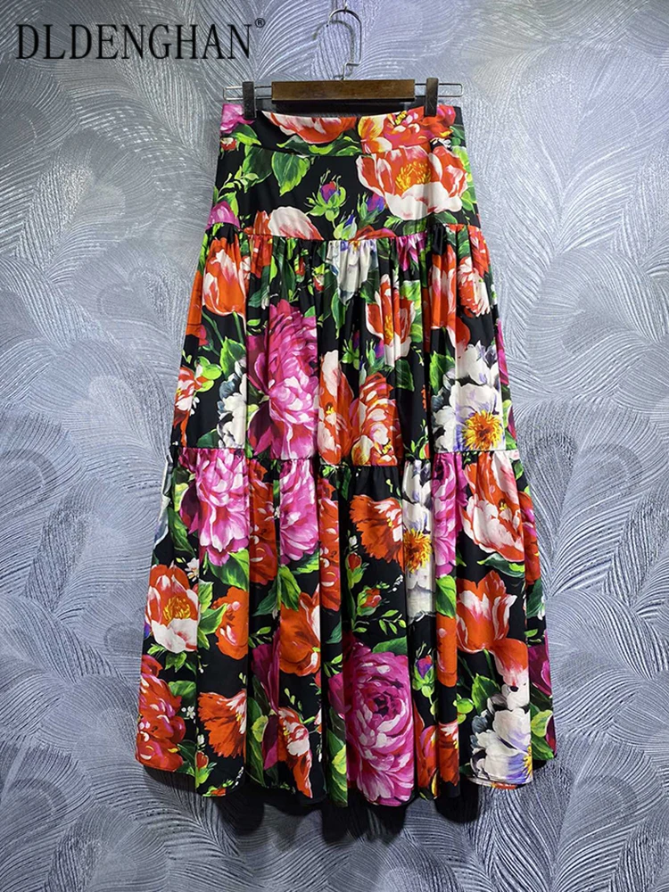 DLDENGHAN Spring Summer Women 100% Cotton Skirt High Waist  Flowers Print Sicily Bohemian Long Skirt Fashion Designer New