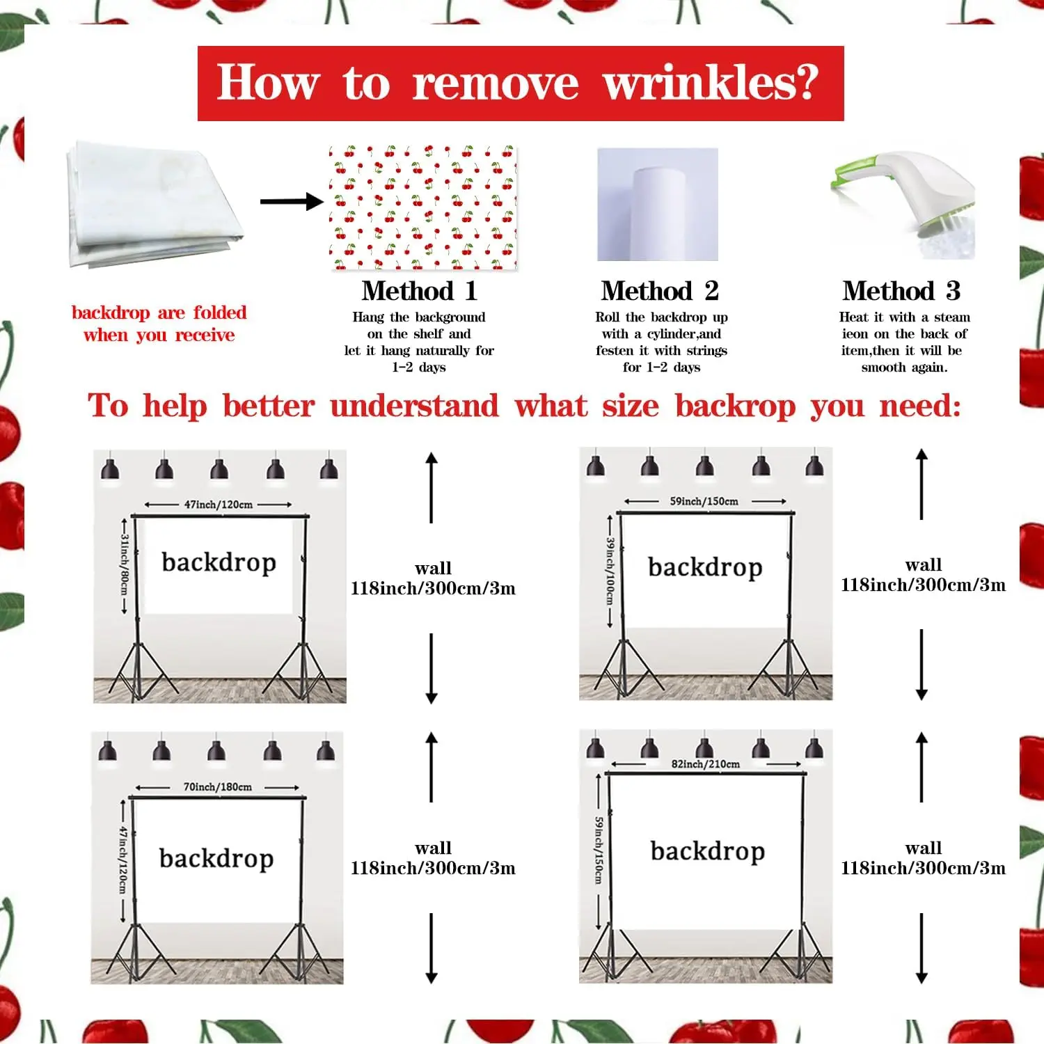 Фон для фотосъемки с изображением белых вишневых фруктов и мультяшных героев 5 х3