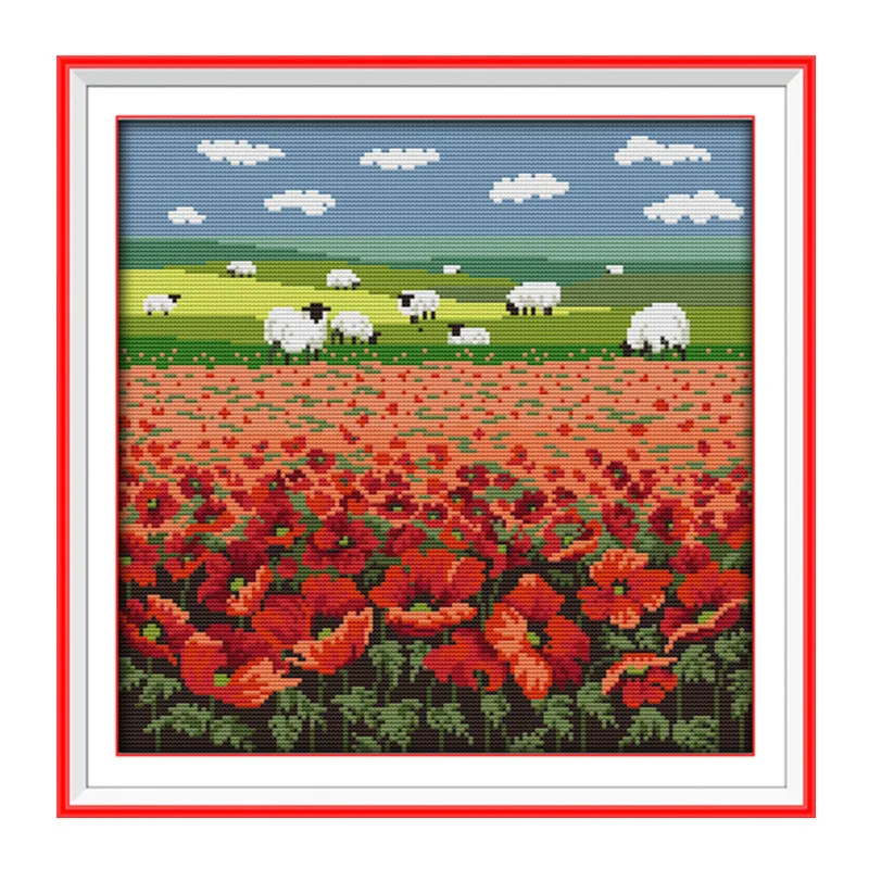 Poppy and sheep cross stitch kit 18ct 14ct 11ct count printed canvas stitching embroidery DIY handmade needlework