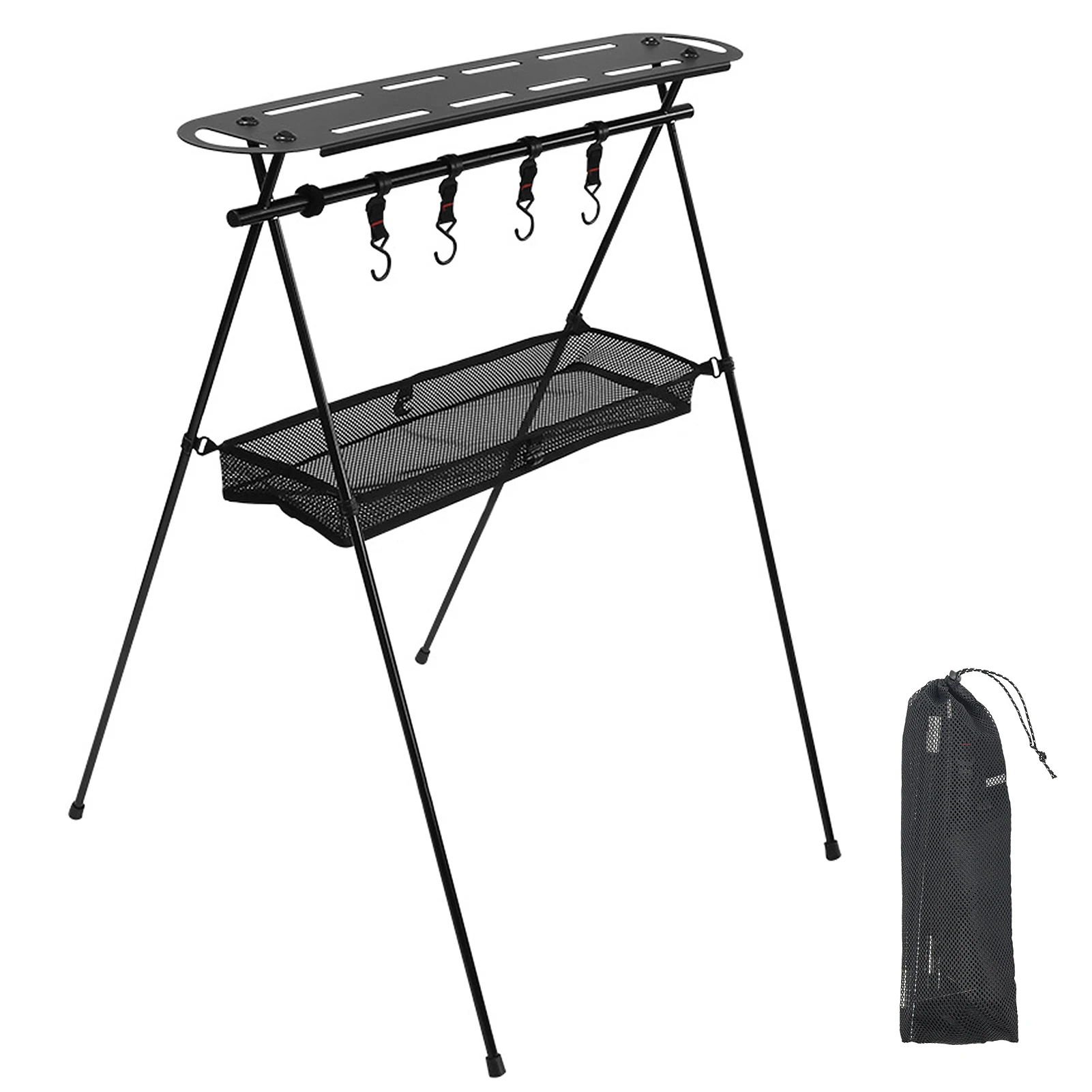 Camping Collapsible Hanging Rack Shelf Portable Picnic Cookware Hanger Stand Rack Storage Organizer with Top Plate Hooks