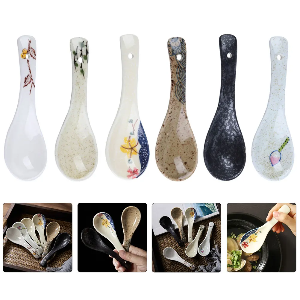 

6Pcs Ceramic Soup Spoons Household Spoons Rice Eating Spoons (Assorted Color)