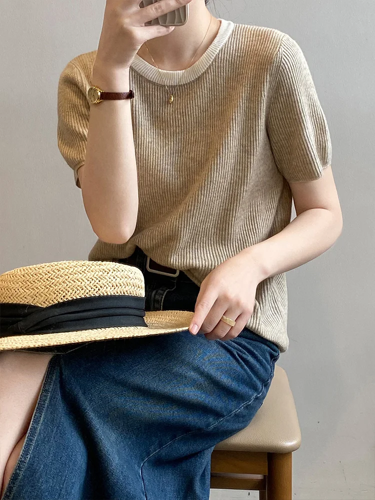 Женская футболка с коротким рукавом элегантная свободная тонкая трикотажная из