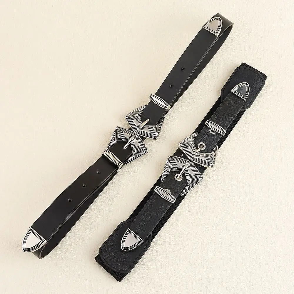 Alloy Double Buckle Belt Personality PU Leather Elastic Belts Waistband Pin Buckle Women