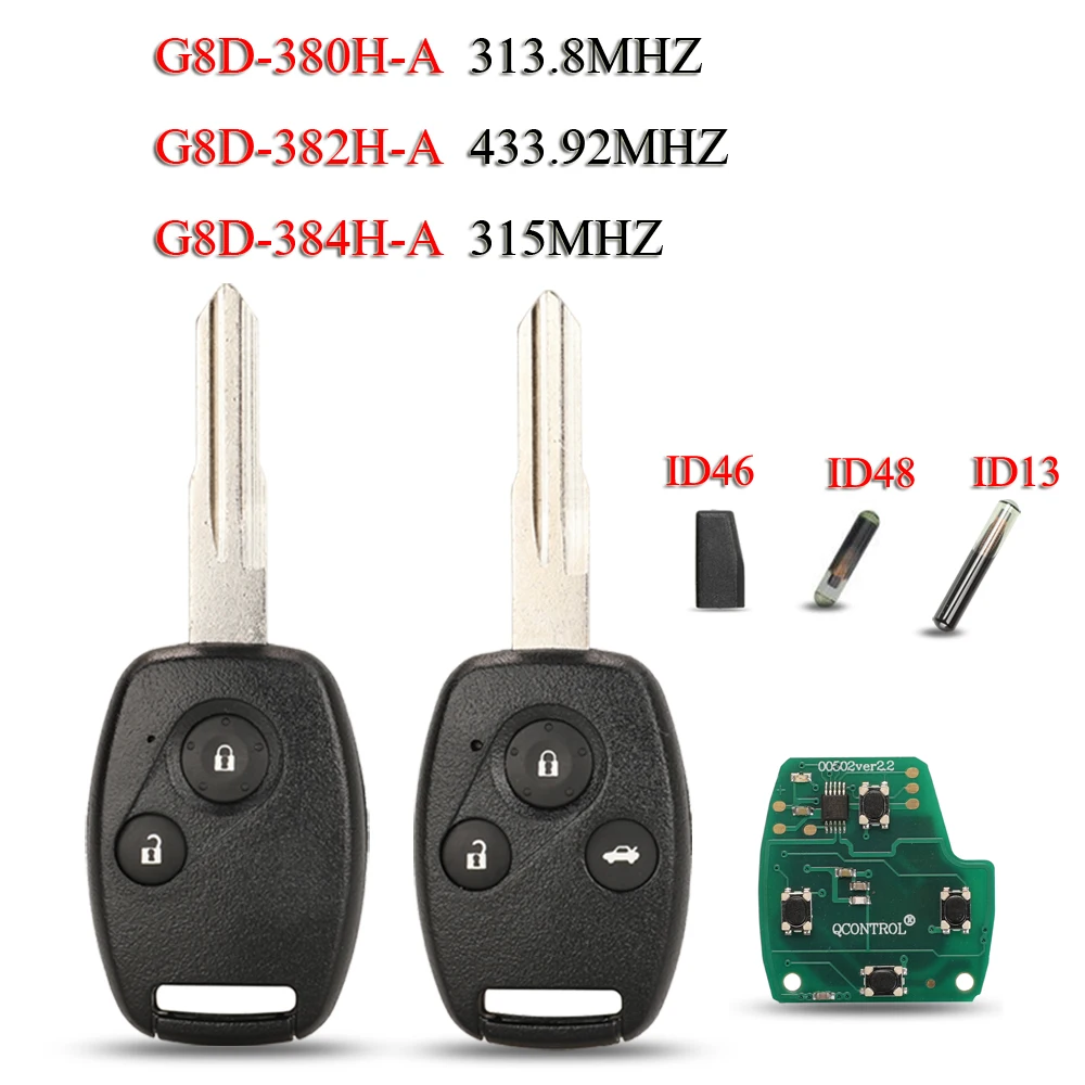 

jingyuqin G8D-380H/382H/384H-A Remote Smart Car Key For Honda CRV Accord Odyssey Jazz 313.8/315/433.92Mhz ID46/ID48/ID13 Chip